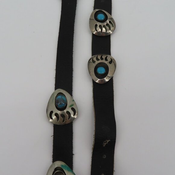 VTG Navajo Bear Paw Shadow Box Concho Belt 60in Long Silver Metal Black Leather